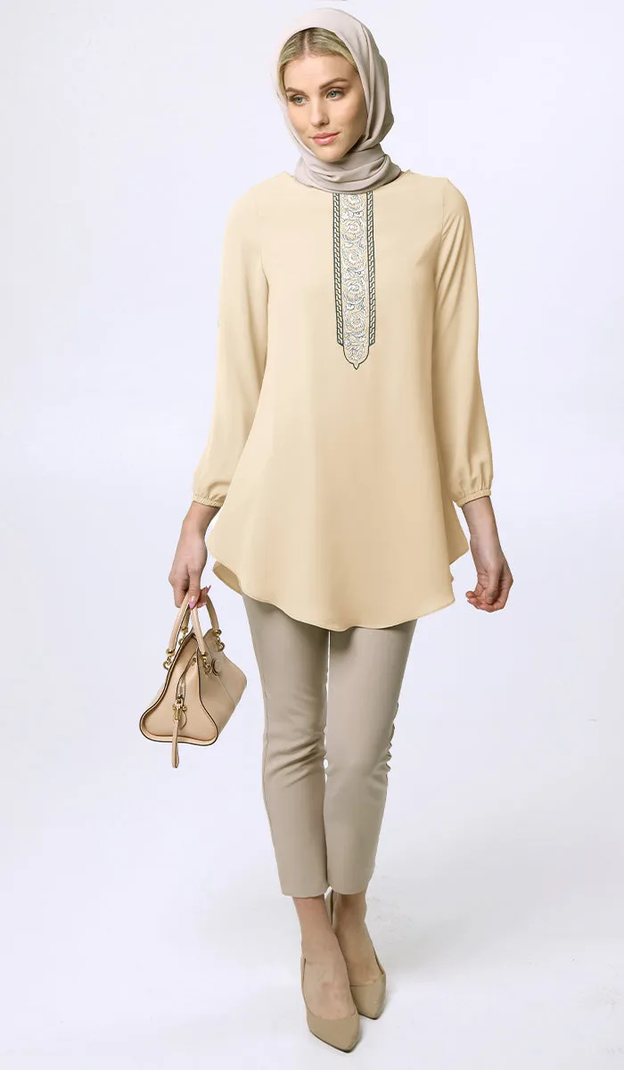 Suroor Embroidered Long Modest Tunic - Custard