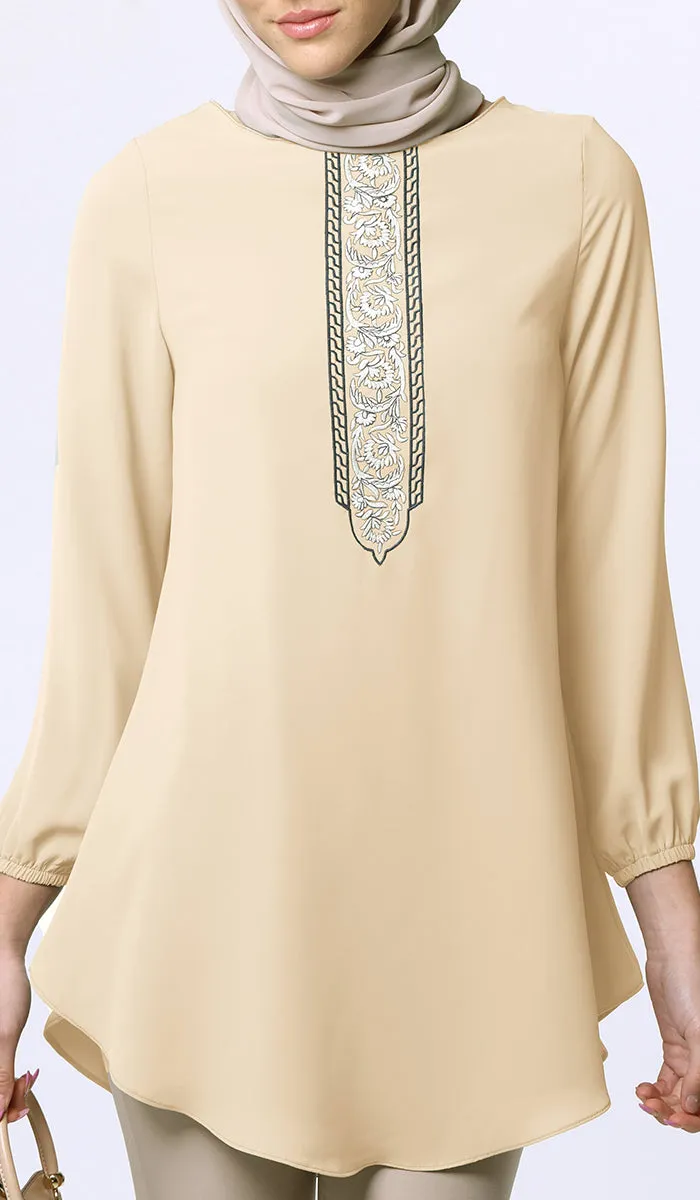 Suroor Embroidered Long Modest Tunic - Custard