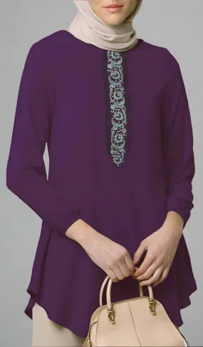 Suroor Embroidered Long Modest Tunic - Dark Purple