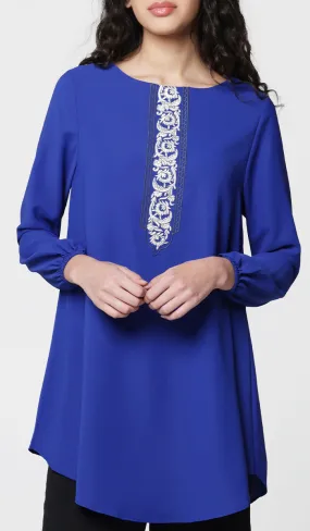 Suroor Embroidered Long Modest Tunic - Royal Blue