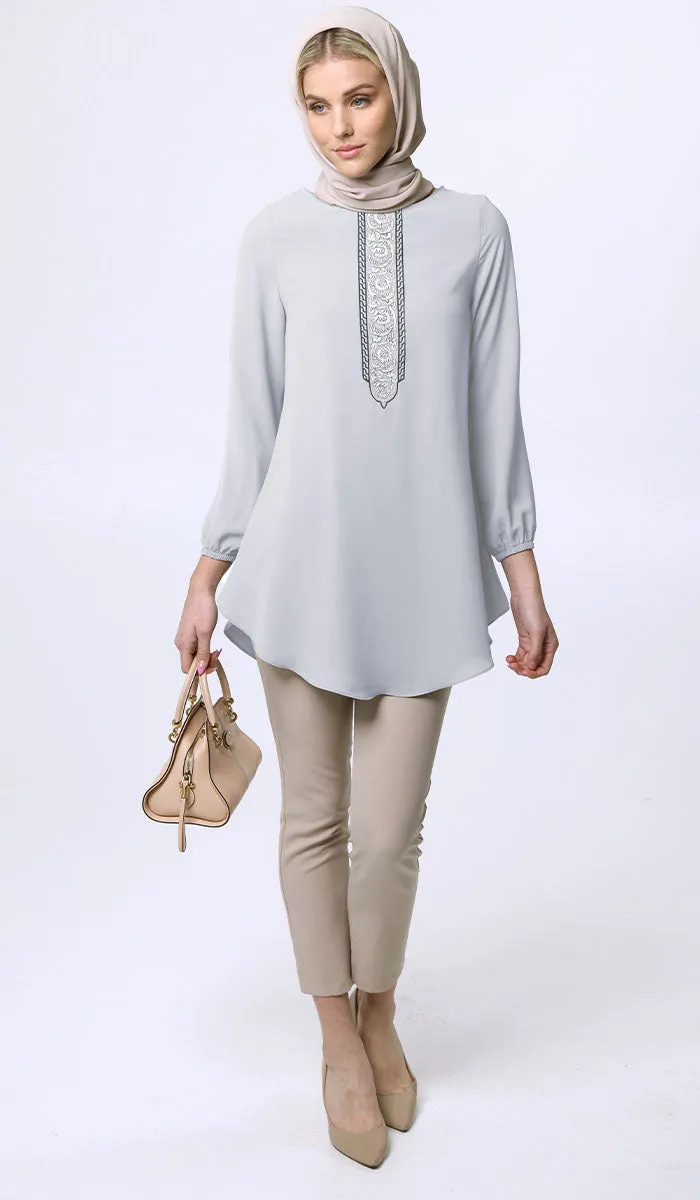 Suroor Embroidered Long Modest Tunic - Silver Mist