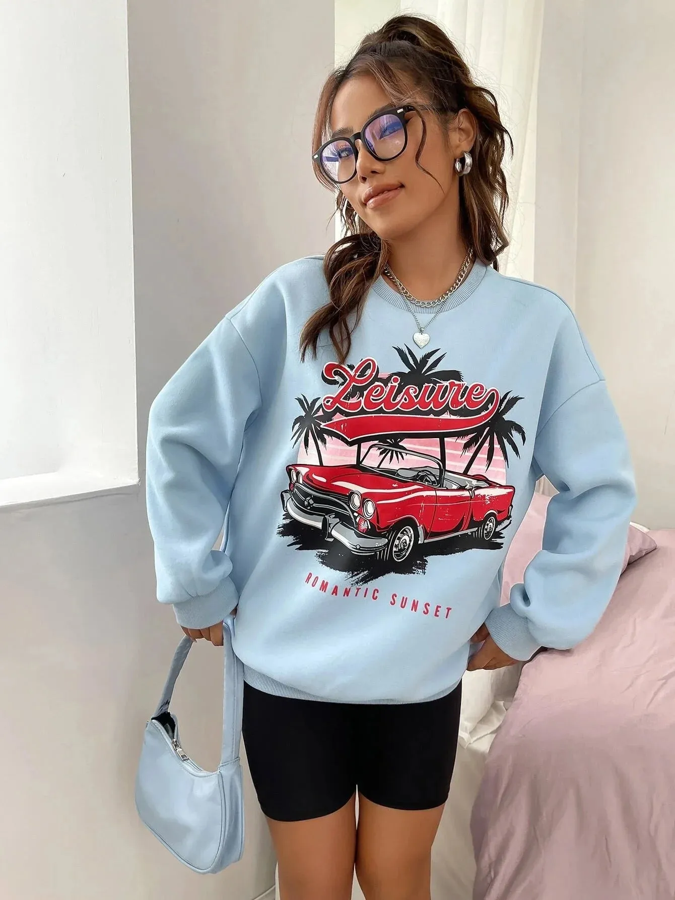 SXV  'Leisure Romantic Sunset’ Printed Cool Aesthetic Drop Shoulder Oversized Sweatshirt