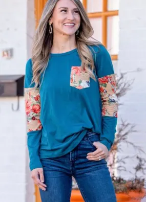 Teal Floral Pocket Tee