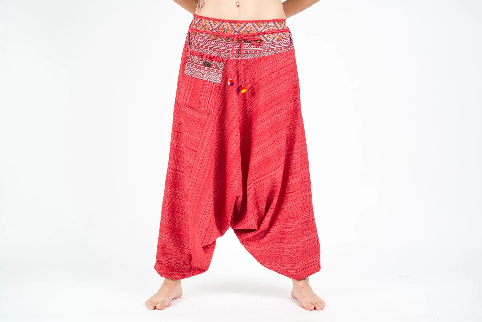 Thai Hill Tribe Cotton Fisherman Low Cut Harem Pants  Red