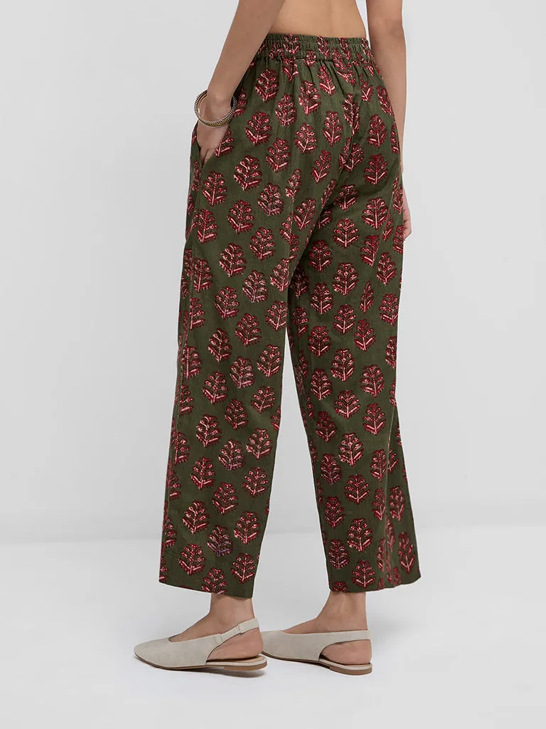 Utsa Olive Corduroy High-Rise Cotton Ethnic Pants