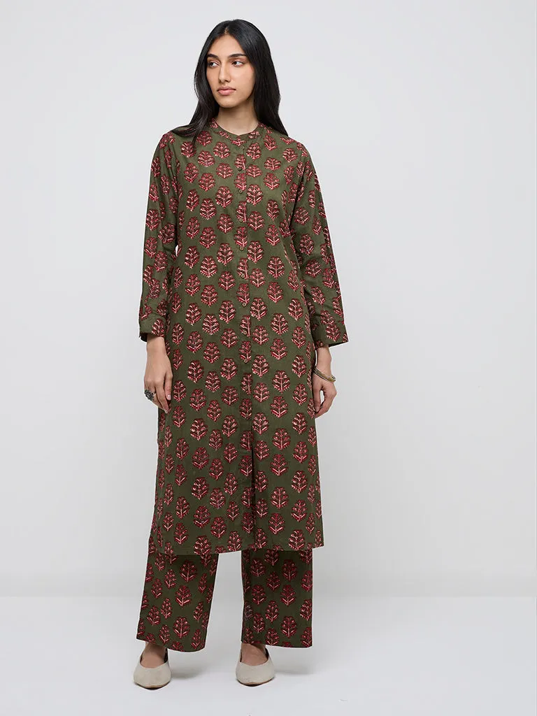 Utsa Olive Corduroy High-Rise Cotton Ethnic Pants