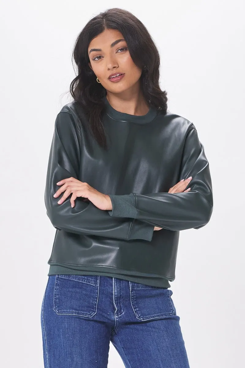 VARSITY VINTAGE FIT VEGAN LEATHER SWEATSHIRT