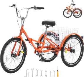 Vevor Adult Tricycle 20" 1-Speed Folding Aluminum Alloy Cruiser with Large Basket and Adjustable Seat New