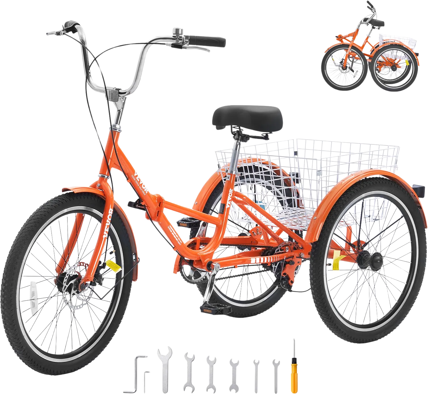 Vevor Adult Tricycle 24" 1-Speed Folding Aluminum Alloy Cruiser with Large Basket and Adjustable Seat New