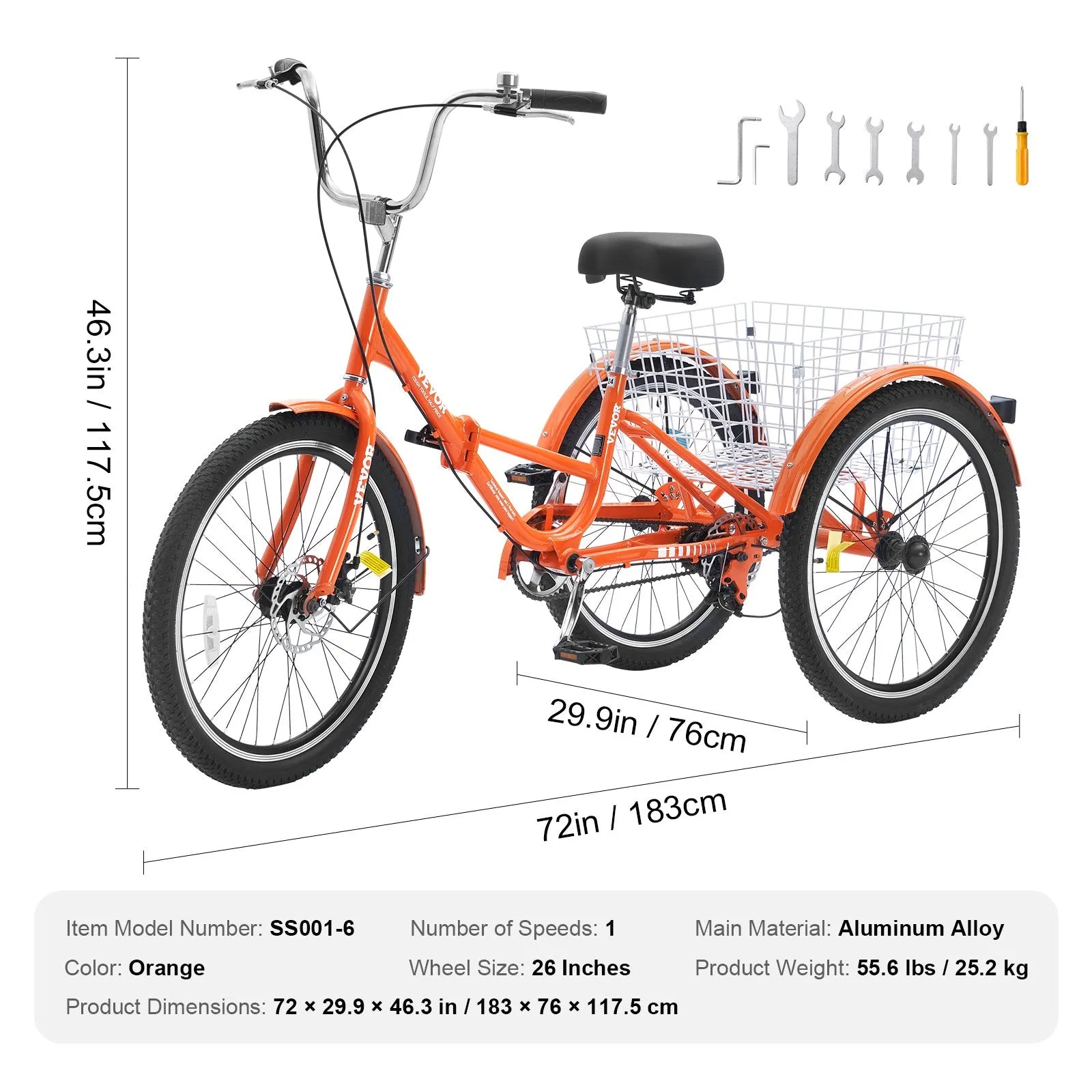 Vevor Adult Tricycle 26" 1-Speed Folding Aluminum Alloy Cruiser with Large Basket and Adjustable Seat New