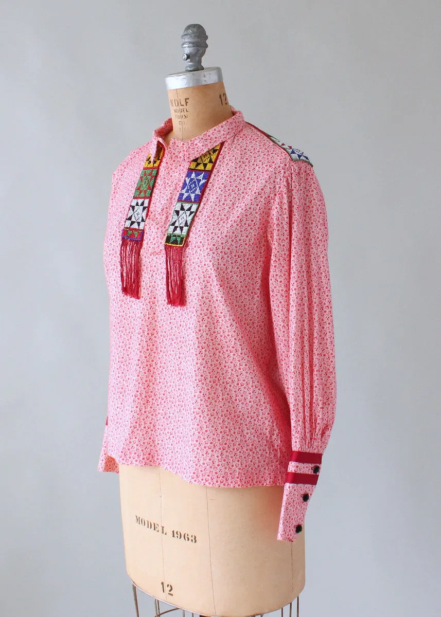 Vintage 1970s Beaded Floral Hippie Shirt