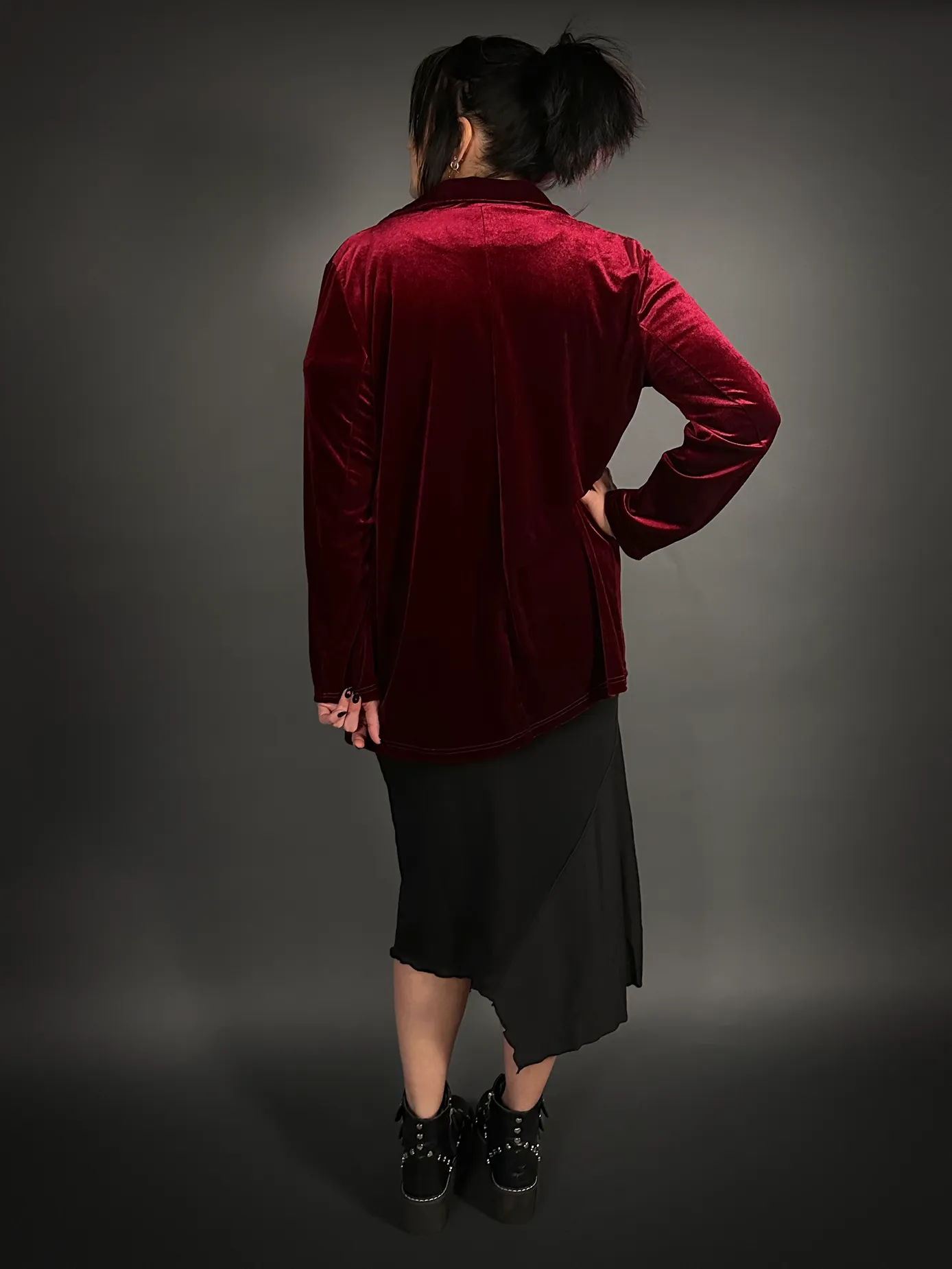 Vintage Cut Long Velvet Indie Style Blazer Jacket in Burgundy