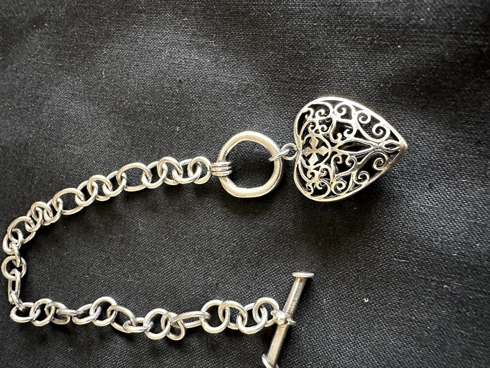 Vintage Silver Filigree T Bar Bracelet with large Heart charm