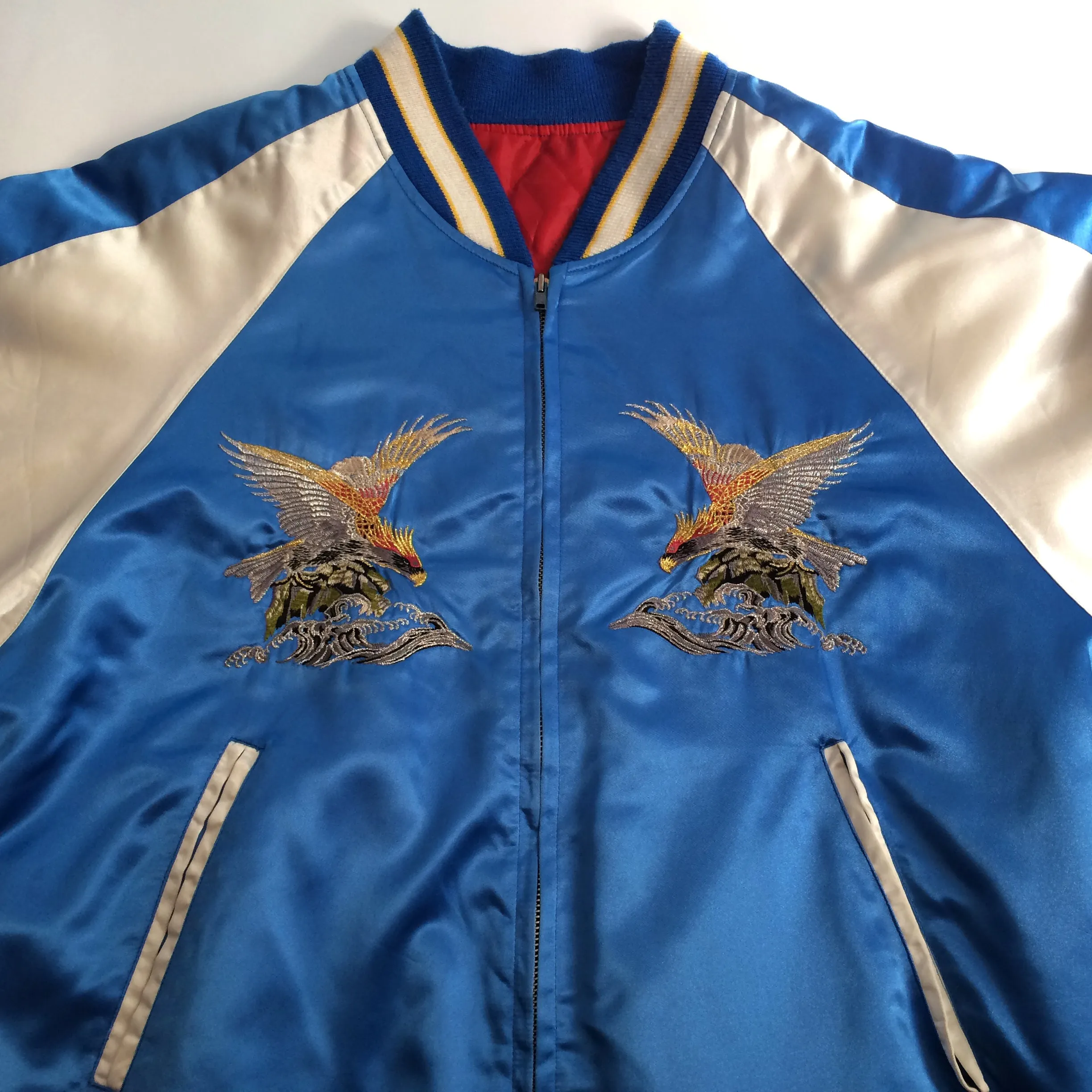 Vintage Sukajan Jacket Blue Eagle Hawk Quilted Souvenir Jacket Japanese Bomber Jacket