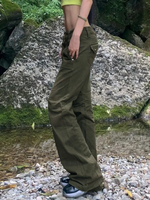 Wenkouban Green vintage low waist flare cargo jeans