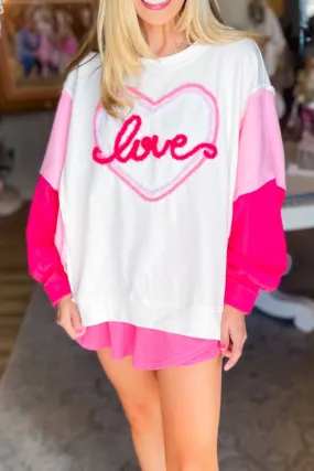 White Tinsel Love Heart Graphic Color Block Sleeve Sweatshirt