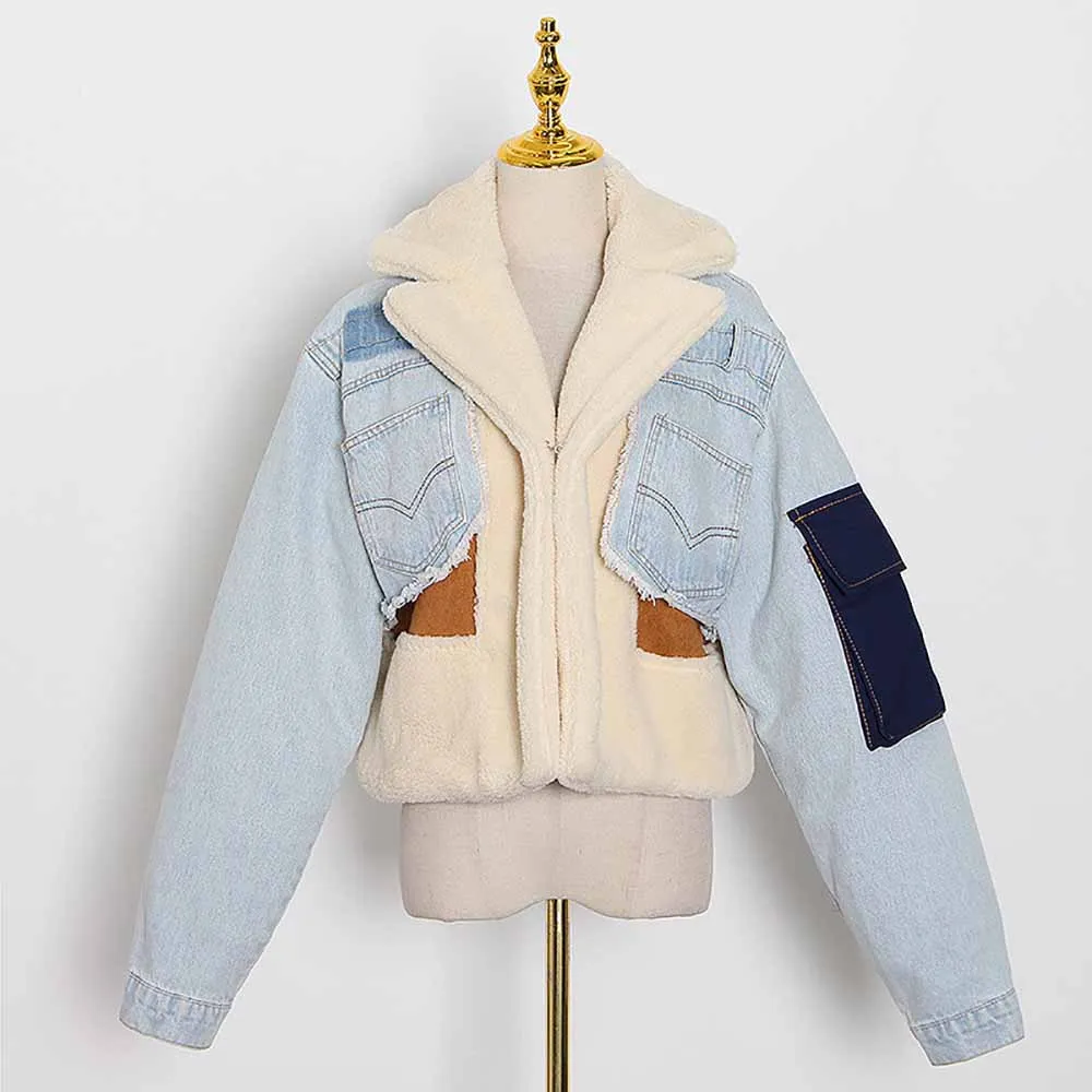 Women Denim Outwear Warm Jacket Patchwork Short Wool Coat