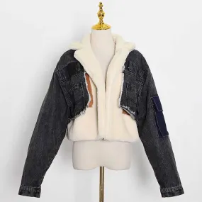 Women Denim Outwear Warm Jacket Patchwork Short Wool Coat