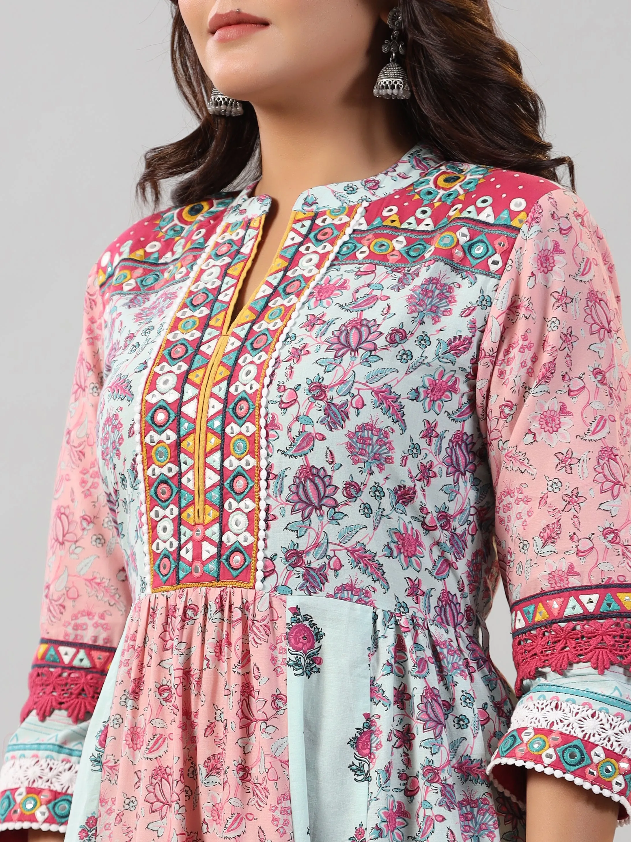 Women Mint Printed Cotton Kurta & Pants Set