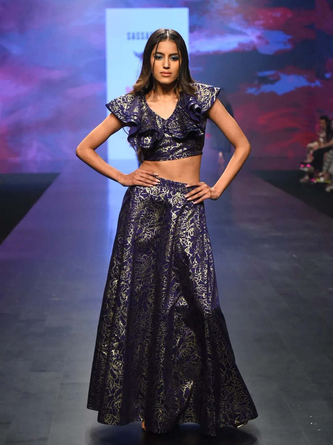 Women Navy Chanderi Foil Crop Top With Anarkali Skirt