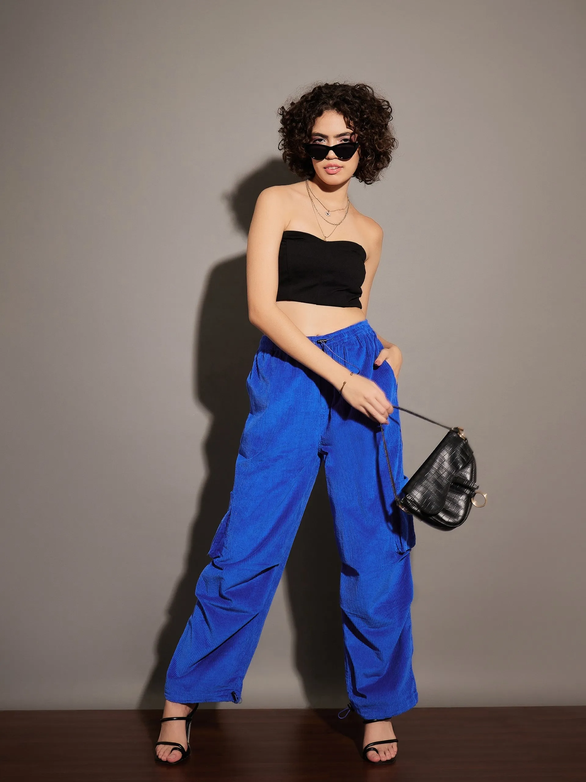 Women Royal Blue Pleated Knee Corduroy Cargo Pants