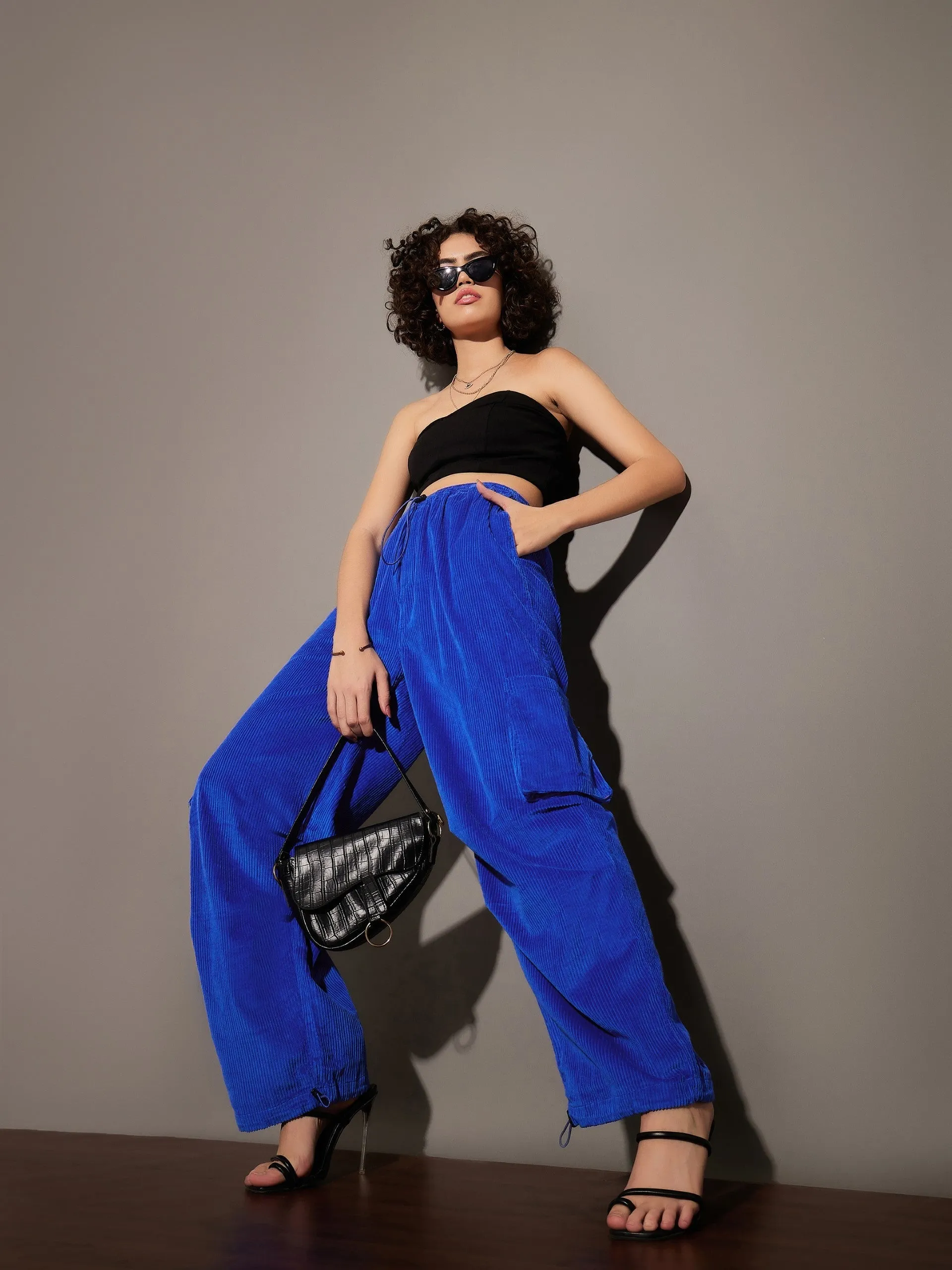 Women Royal Blue Pleated Knee Corduroy Cargo Pants