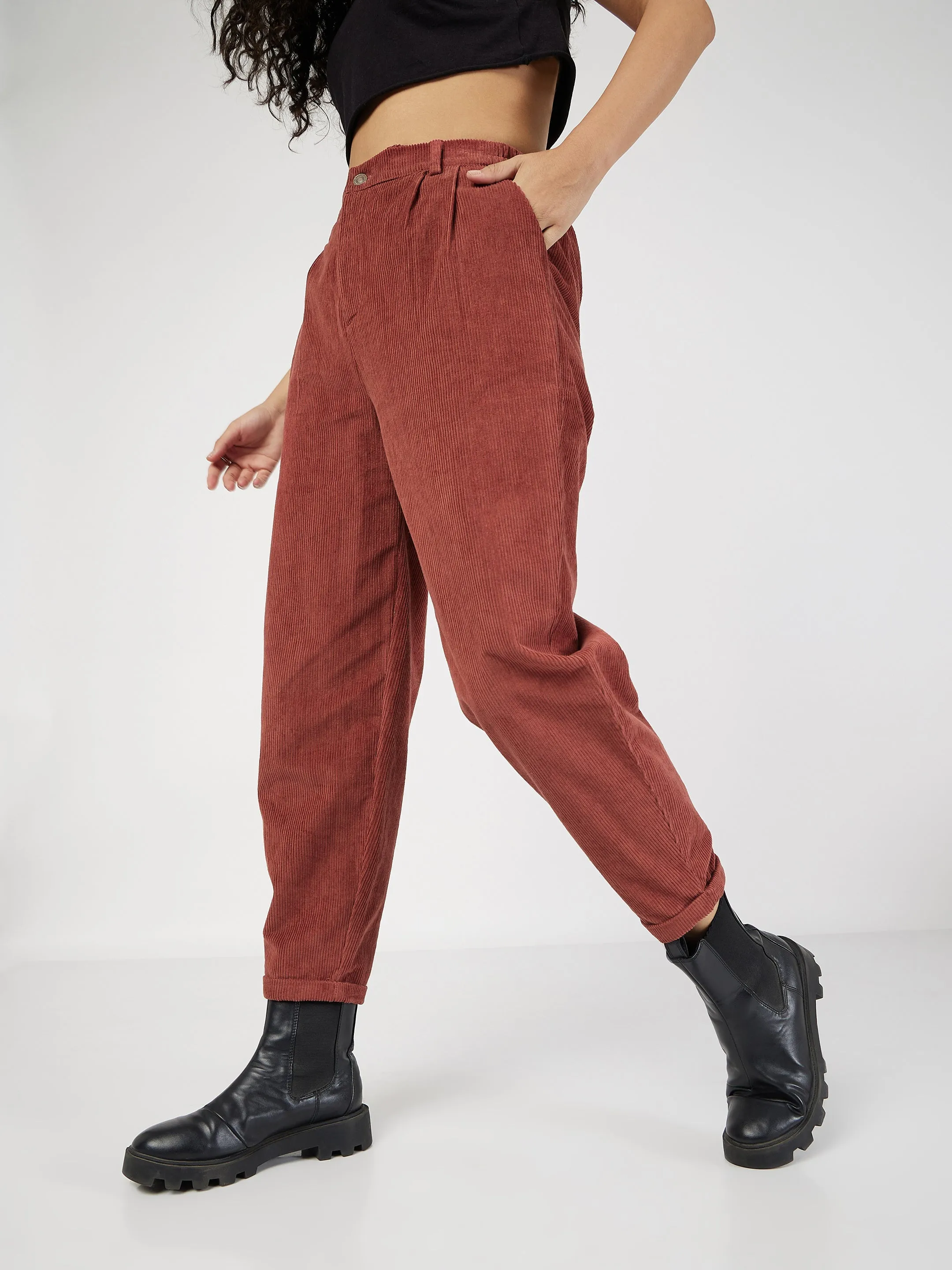 Women Rust Corduroy Carrot Fit Pants