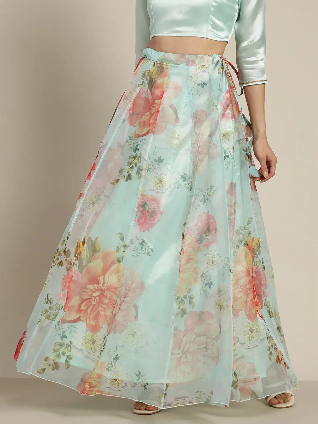 Women Sea Green Organza Floral Anarkali Skirt