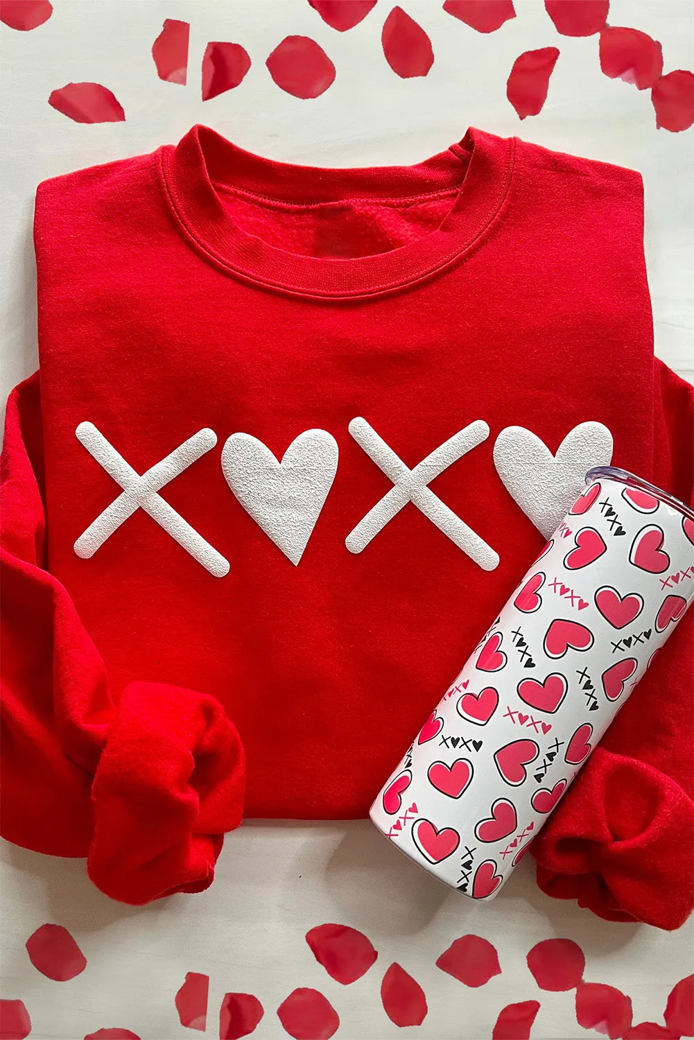 Women Valentines Day Shirt Puff XOXO Print Long Sleeve Heart Sweatshirt