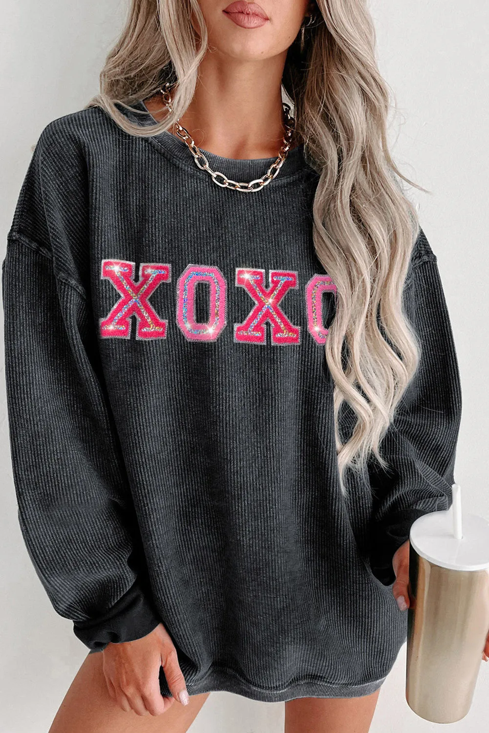 Women Valentine's Day Sweatshirt Sequin XOXO Corded Crew Neck Shirt Tops