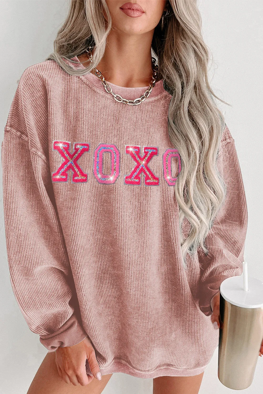 Women Valentine's Day Sweatshirt Sequin XOXO Corded Crew Neck Shirt Tops