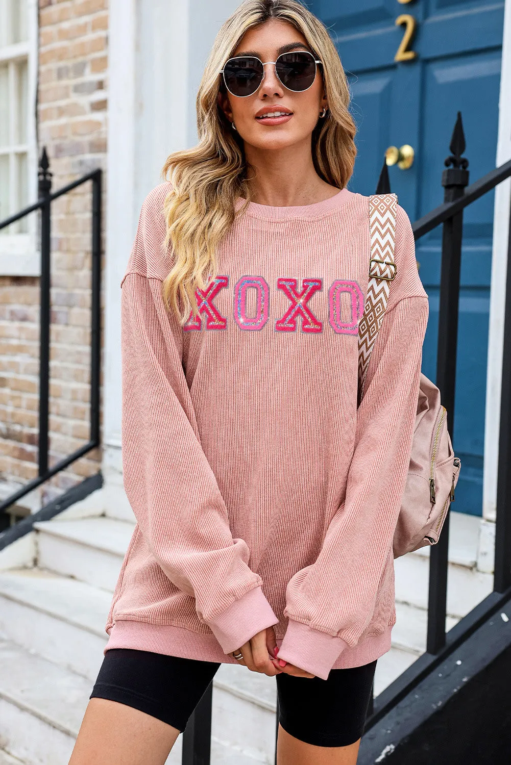 Women Valentine's Day Sweatshirt Sequin XOXO Corded Crew Neck Shirt Tops