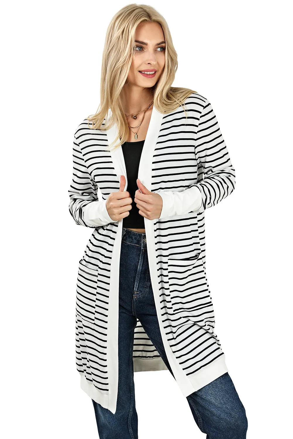 Women's Striped Color Block Side Pockets Open Front Cardigan