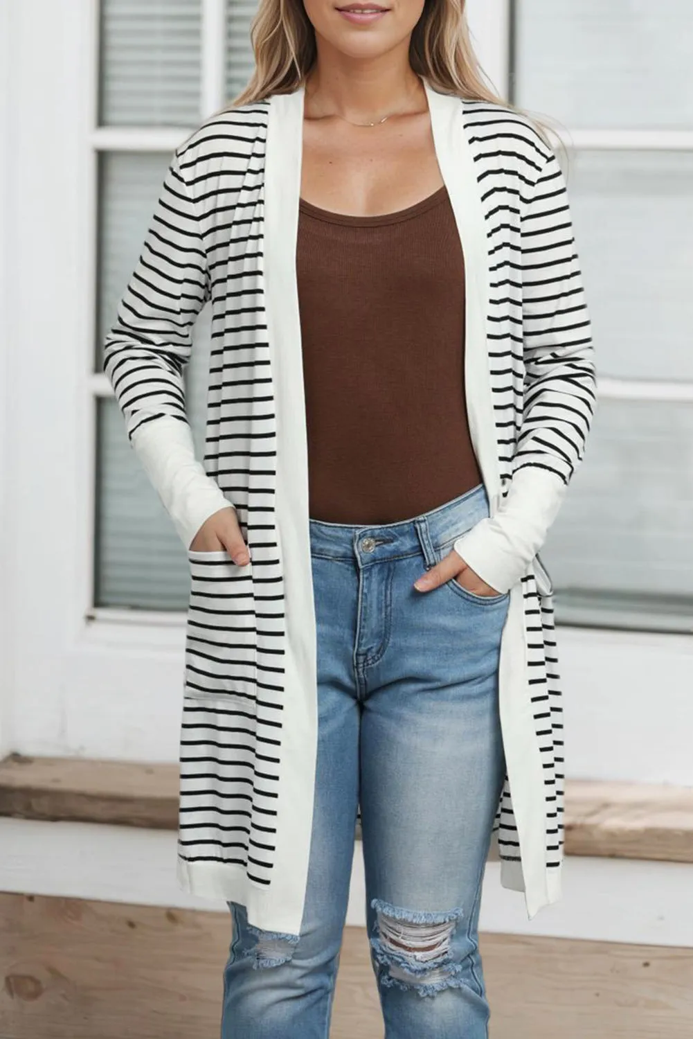 Women's Striped Color Block Side Pockets Open Front Cardigan