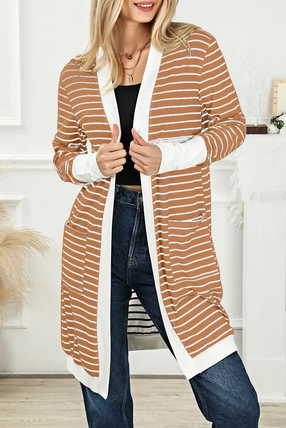 Women's Striped Color Block Side Pockets Open Front Cardigan