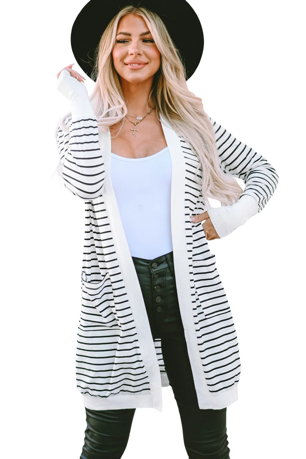 Women's Striped Color Block Side Pockets Open Front Cardigan