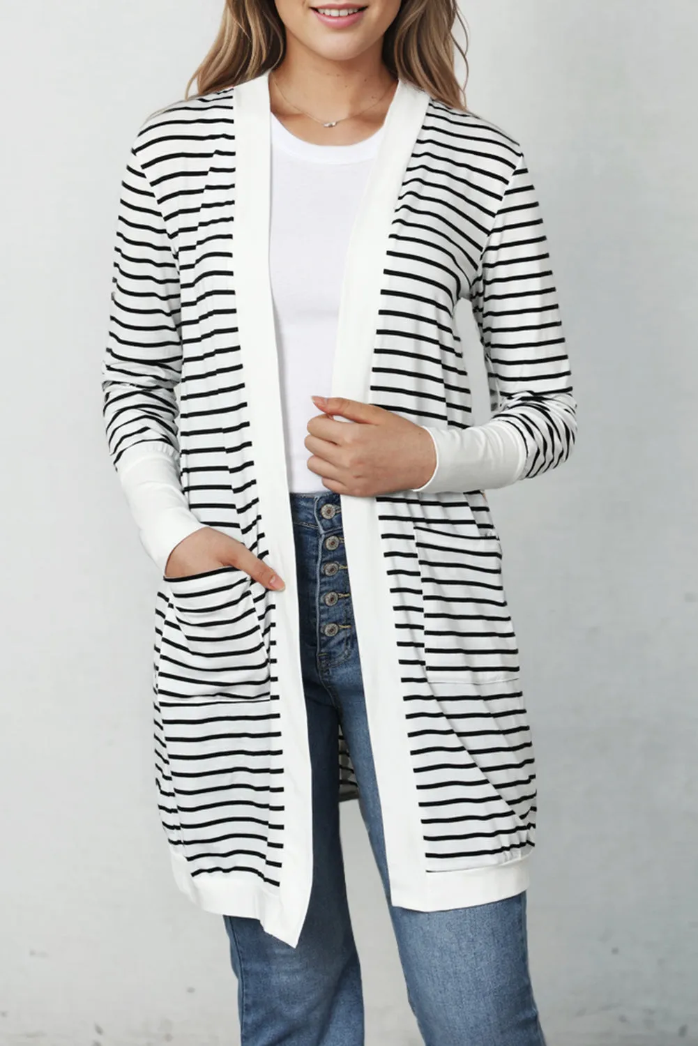 Women's Striped Color Block Side Pockets Open Front Cardigan