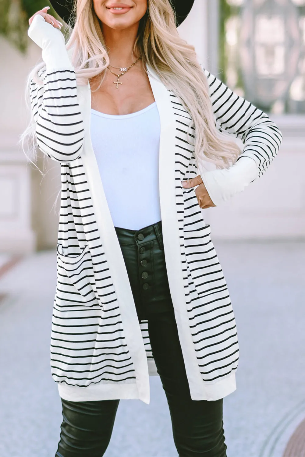 Women's Striped Color Block Side Pockets Open Front Cardigan