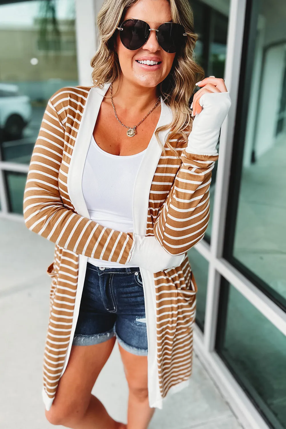 Women's Striped Color Block Side Pockets Open Front Cardigan