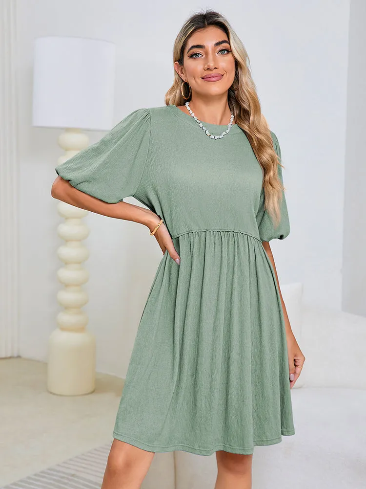 Women's Swimsuit Cover Up Dress Crew Neck Tunic Bathing Suit Beach Mini Tiered Babydoll Dress Casual