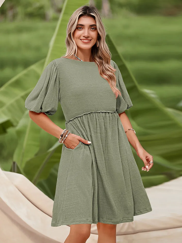 Women's Swimsuit Cover Up Dress Crew Neck Tunic Bathing Suit Beach Mini Tiered Babydoll Dress Casual