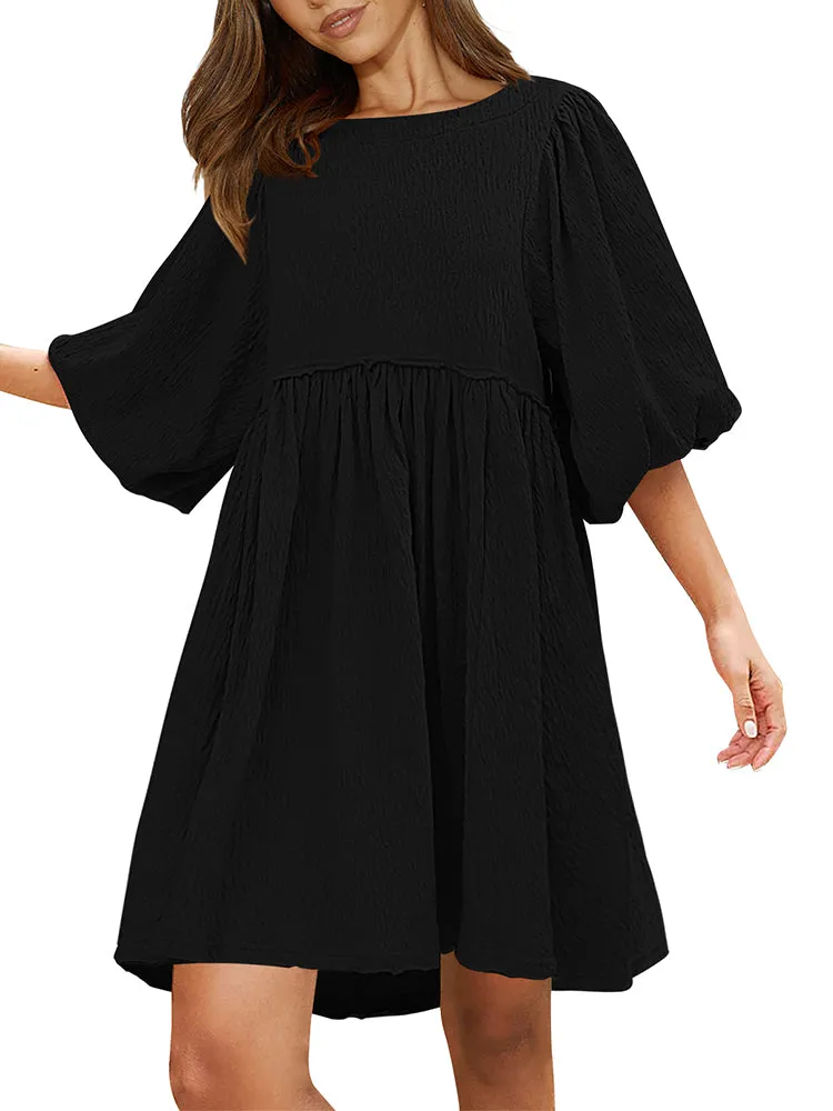 Women's Swimsuit Cover Up Dress Crew Neck Tunic Bathing Suit Beach Mini Tiered Babydoll Dress Casual